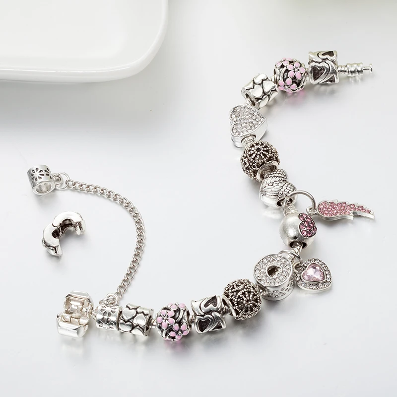 ANNAPAER 2019 European Pink Crystal Angel Wings Charm Bead Fit Original Bracelets for Women Bracelet Jewelry Dropshipping B17044|charm