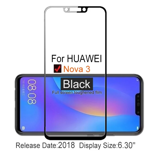 2 шт. полное покрытие экрана протектор Закаленное стекло для huawei NOVA 3 3i PAR AL00 LX1 LX1M LX9 TL20 INE LX2 стеклянная пленка - Цвет: NOVA 3 Black