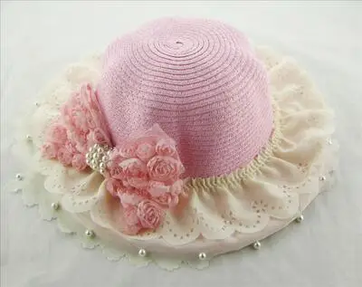 pink Модные летние шляпы для детей бутон шелковые кружевные шляпы от солнца жемчужные розовые соломенные шляпы с бантом 6 цветов - Цвет: pink