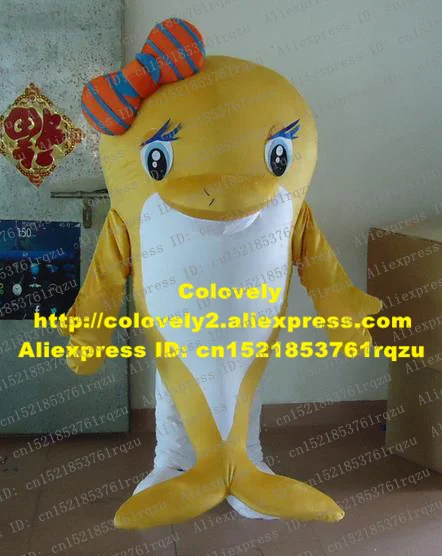 Handsome Yellow Dolphin Porpoise Sea Hog Delphinids Whale Cetacean Mascot Costume Cartoon Character Orange Bowknot ZZ249 Free SH |
