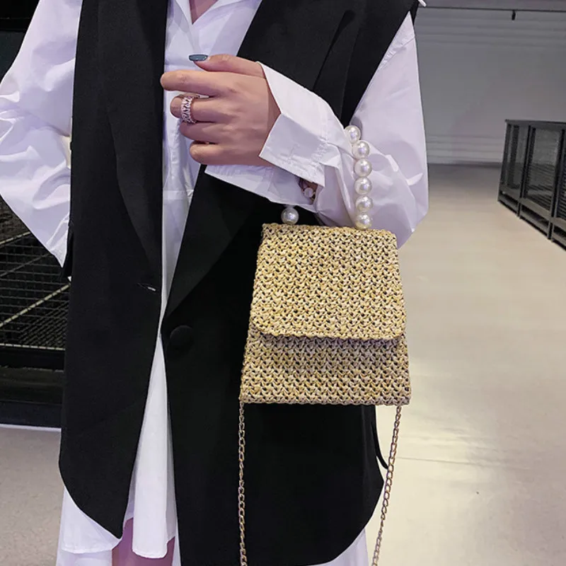 Маленькая квадратная сумка на цепочке плетеная вручную жемчужная сумочка одно