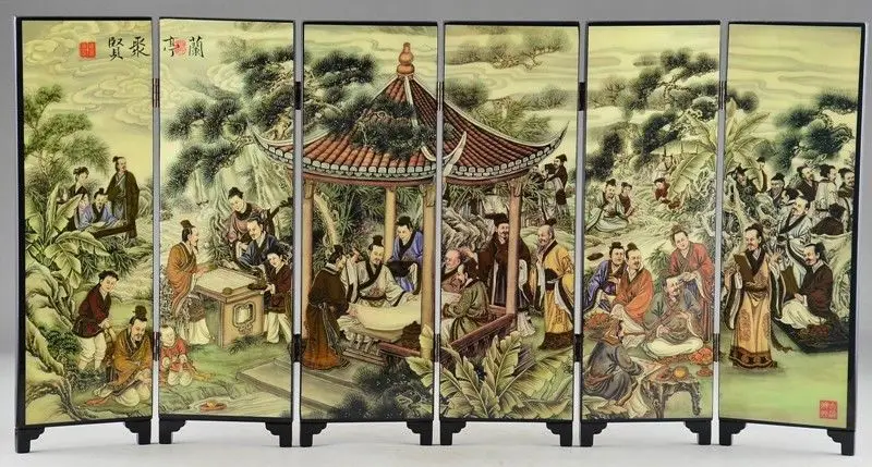 

Asian Lacquer Ware Old Lanting Juxian Painting Hand Superb Immortal Screen Lucky