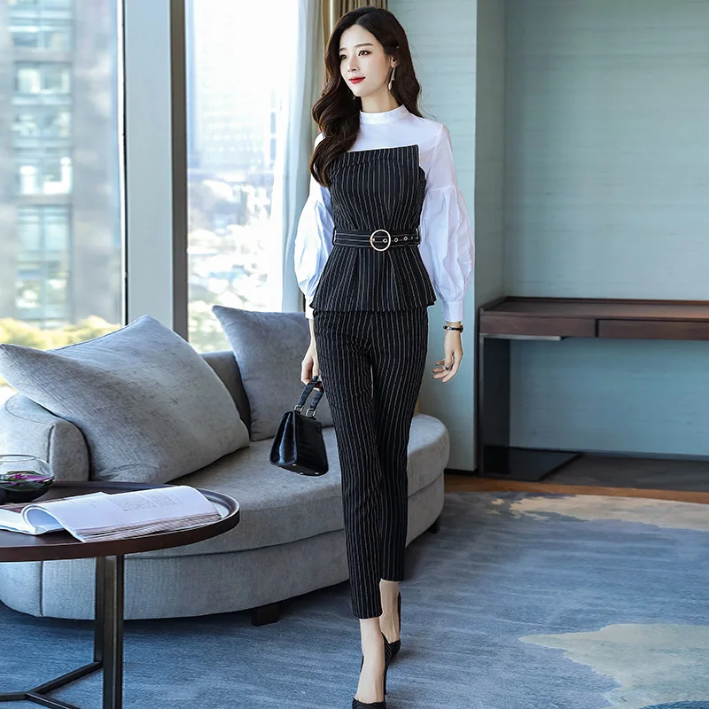 2018 Spring Summer 2 Pieces Elegent Women Sets Striped Blouse Sweatshirts and Long Pants Casual Ladies Suits WS35 |