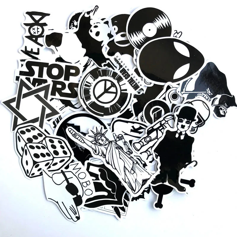 100pcs Black and White Random Stickers Graffiti Funny Sticker for Laptop Suitcase Skateboard Moto Bicycle Car Kid's Toy | Игрушки и
