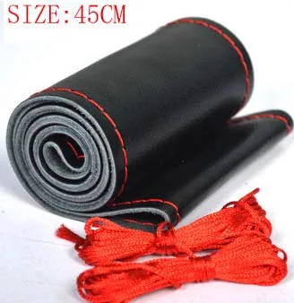 45cm black line red Чехол на руль для автомобиля, грузовика, из натуральной яловой кожи, сделай сам, ручная пошив, диаметр 42 см, 45 см,, подарки BACANO - Название цвета: 45cm black line red