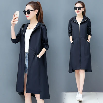 Navy blue Корейский модный Тренч с капюшоном Женский весна осень длинный рукав размера плюс длинное пальто Черная ветровка Женское пальто - Цвет: Navy blue