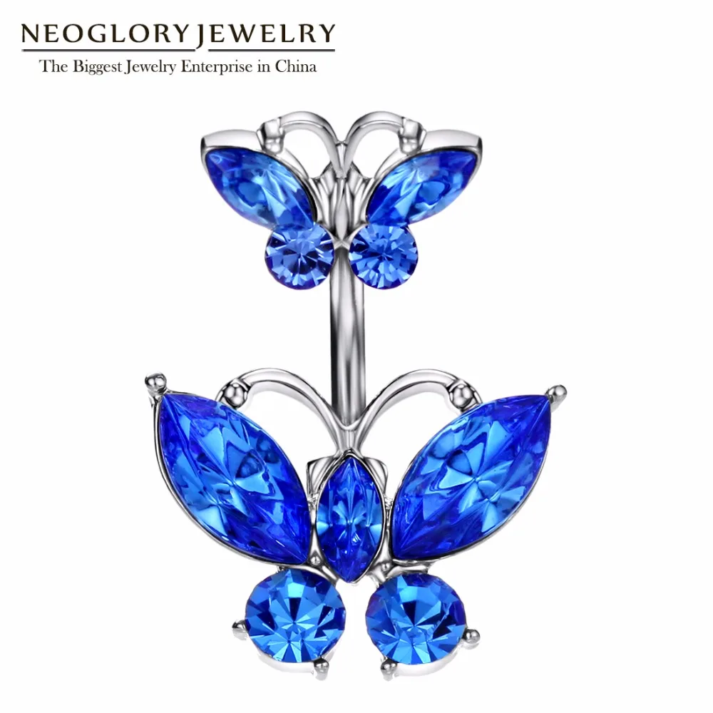 Кольца для пирсинга живота Neoglory кольца с синими сияющими бабочками пупок модные