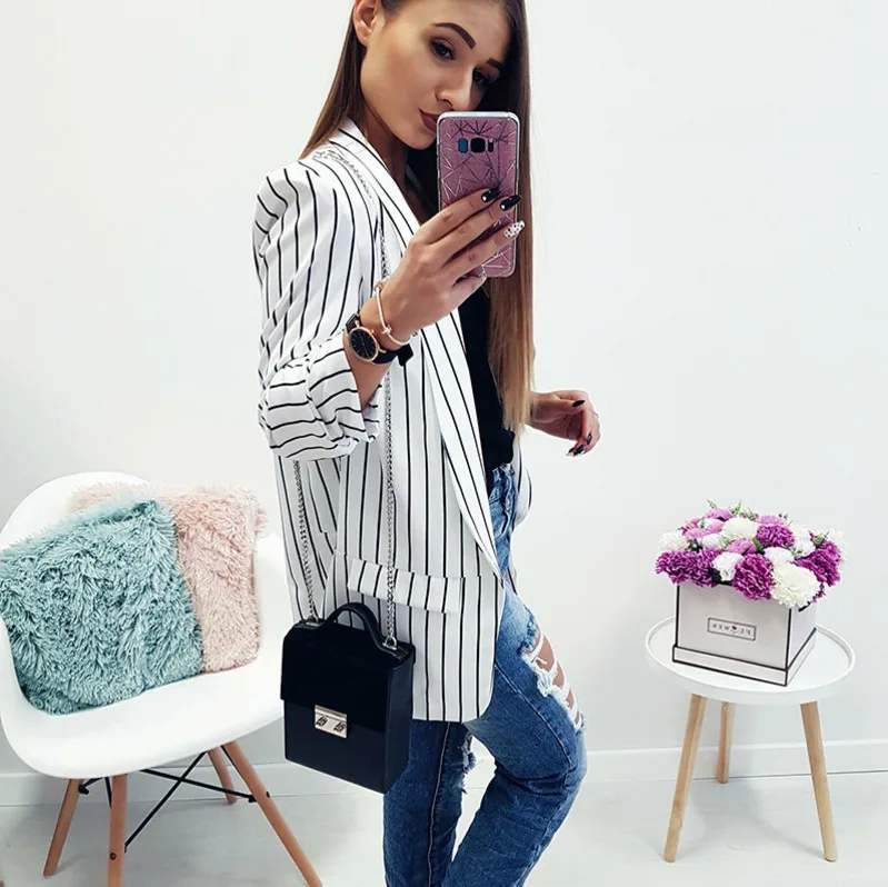 2018 Для женщин Chic полосатые блейзеры пальто Топ нагрудные Кардиган с длинным