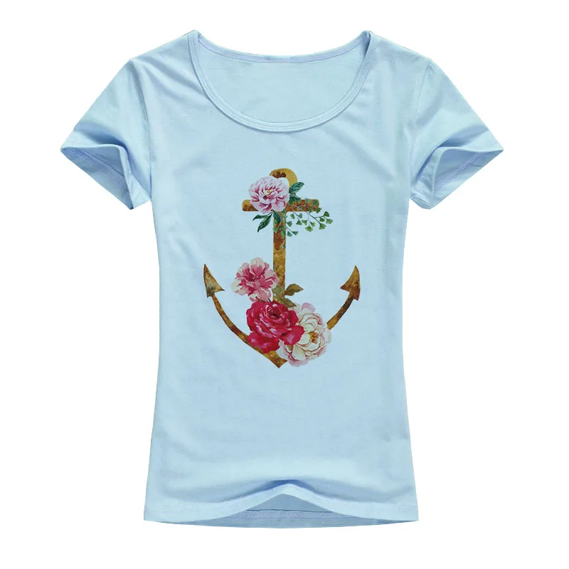 Корабль якорь футболка 2017 мода цветы Якорь Дизайн летние женские Топы Горячая