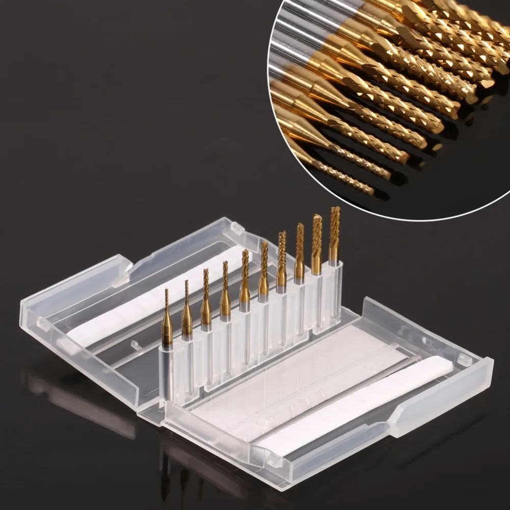 10pcs/set Titanium Coated End Mill Cemented Carbide CNC Milling Cutters Tools 1 1.5 2 2.5 mm Straight Shank Router Drill Bit Set |
