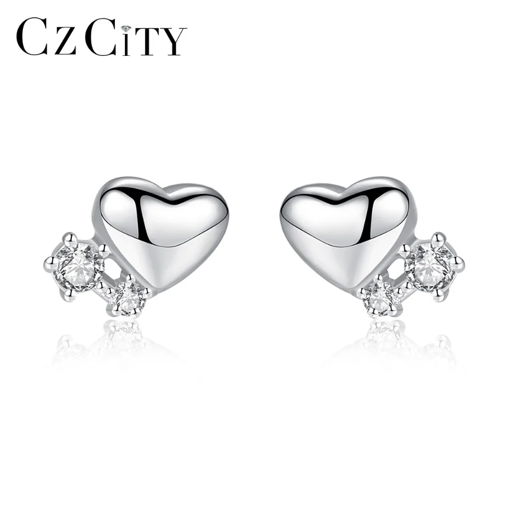 CZCITY из натуральной 925 пробы, серебряные милые маленькие серьги-гвоздики в форме сердца для женщин, 2 цвета, миниатюрные серьги с фианитами, серебряные ювелирные изделия 925
