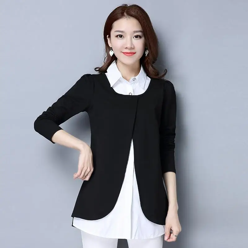 black M-4xl, хлопковые женские блузы, имитация двух частей, Длинная блузка, рубашка размера плюс, осенняя, офисная, элегантная, повседневная, женский топ, темно-синий, черный - Цвет: black