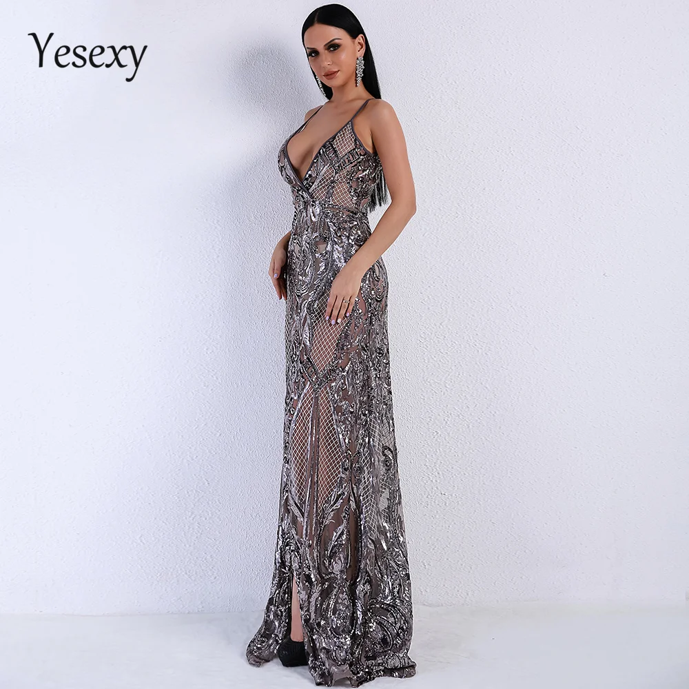 Yesexy, летнее Сексуальное Женское Платье с v-образным вырезом, с открытыми плечами, со средним разрезом, с блестками, прозрачные, макси, вечерние платья, VR5139-5
