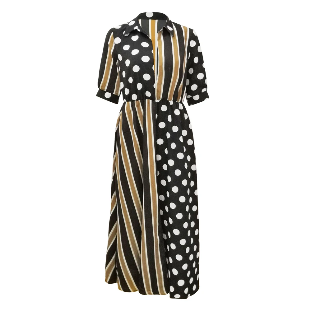 ELSVIOS модное осеннее платье рубашка с разрезом женское длинное в горошек отложным