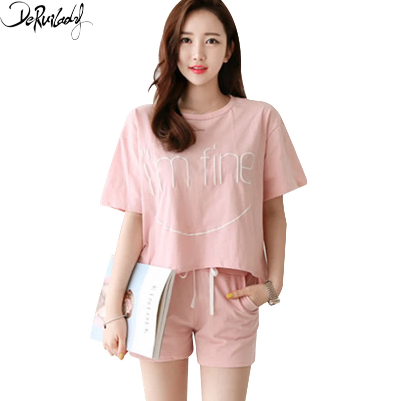 

DeRuiLaDy Cotton Leisure Pajamas for Women Korea Style Loose Cute Sleepwear Comfortable Home Pajamas Short Sleeves Pajama Set