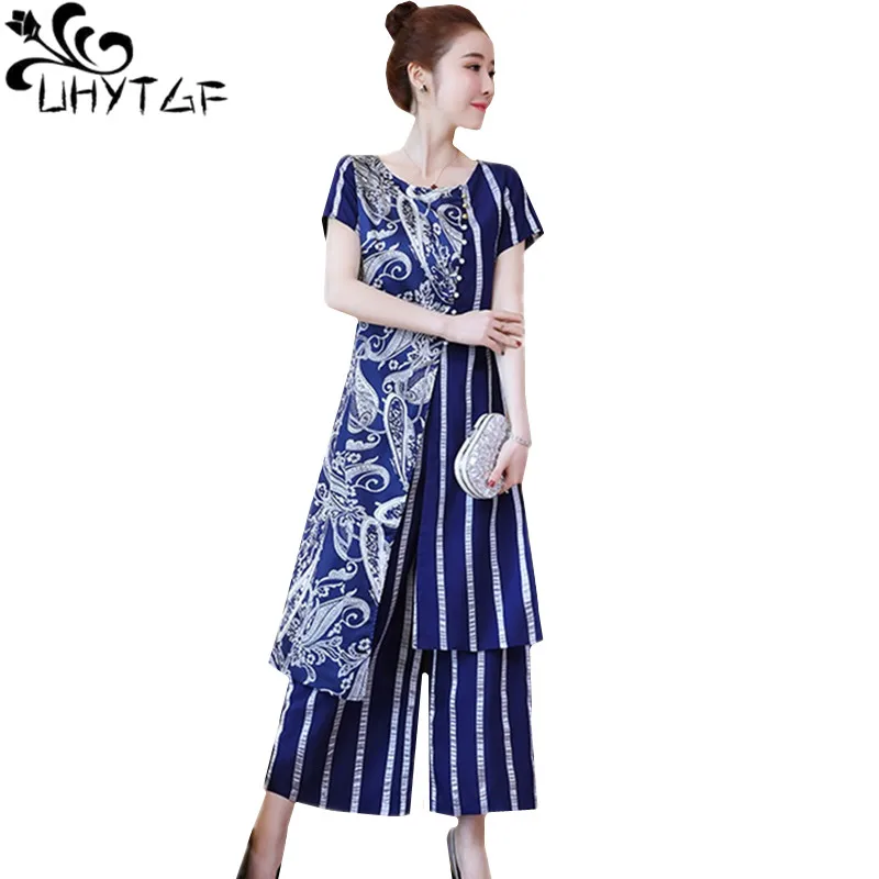 

UHYTGF Loose 5XL Plus size sets women Wide leg pants summer two piece set Short sleeve thin Retro elegant Female sports suit1428