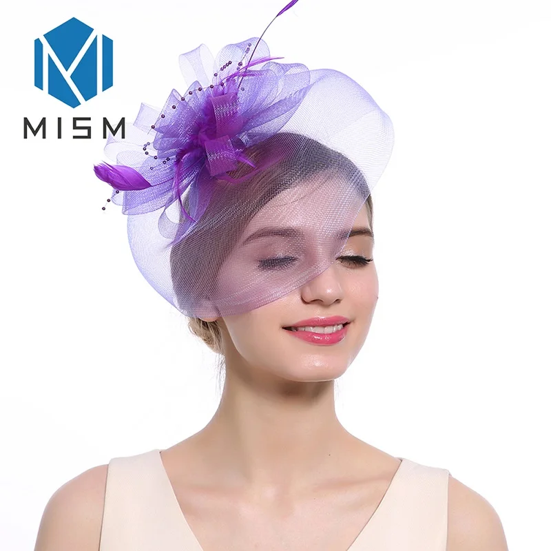 M MISM, головной убор с перьями, шапка-чародей для эльгента, Дамская заколка для волос, французская сетчатая вуаль, повязка для волос, аксессуары для волос - Цвет: color-E