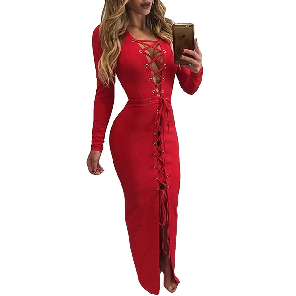 Hongmiao Новинка 2017 года модные женские туфли повязки длинное платье Красный Bodycon