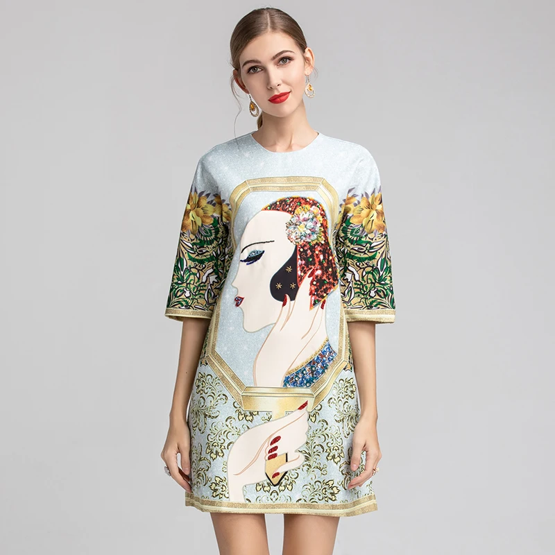 Женское прямое платье с принтом и бисером милое мини-платье выше колена рукавом