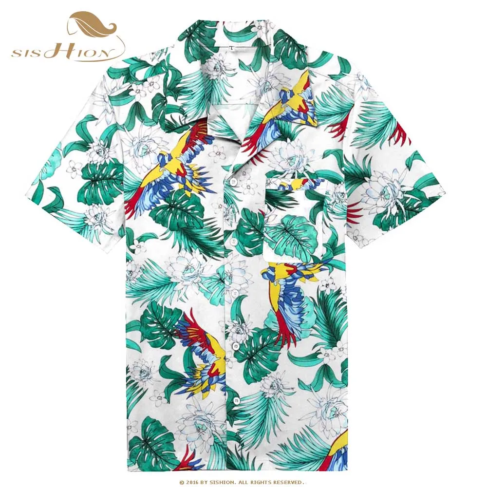 

SISHION Cotton Hawaiian Shirt Casual Short Sleeve Birds Floral Print ST124 Summer Beach Mens Shirts High Quality