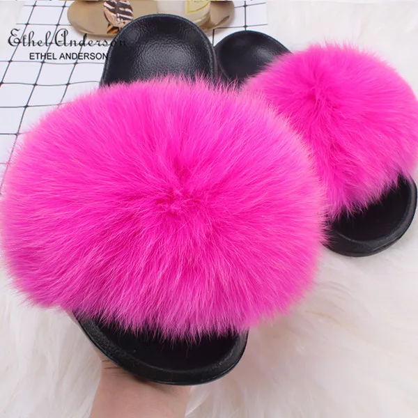 Rose Red Fox Fur Ethel Anderson/; шлепанцы с натуральным лисьим мехом; летние пляжные пушистые шлепанцы; Коллекция года; Вьетнамки с натуральным мехом енота; сандалии; обувь; - Цвет: Rose Red Fox Fur