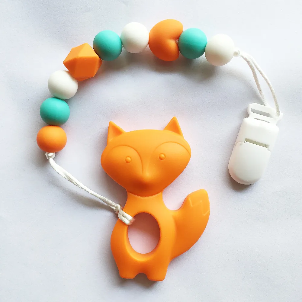 

(10 pieces/lot ) 100% Silicone BPA free Fox Teether Silicone Pacifier clip Necklace Pendants