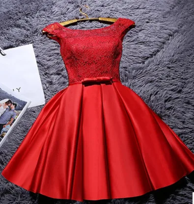 red Новые короткие вечерние платья из сатина с кружевами и цвет красного вина серый ТРАПЕЦИЕВИДНОЕ ПЛАТЬЕ невесты Вечерние торжественное платье Встреча выпускников/корпоративы Выпускной платья Robe De Soiree платье вечерне - Цвет: red