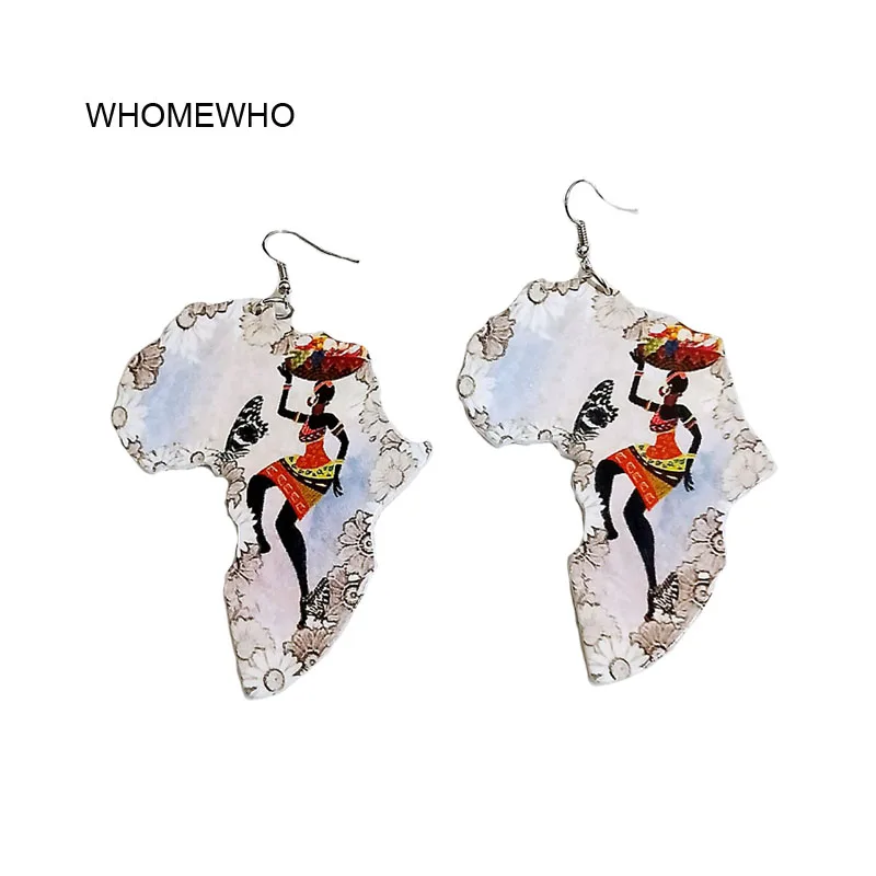 

Laser Cut Natural Wood White Flower Painting Africa Map Black Queen Earrings Wooden African Hiphop Handmade DIY Party Jewelry
