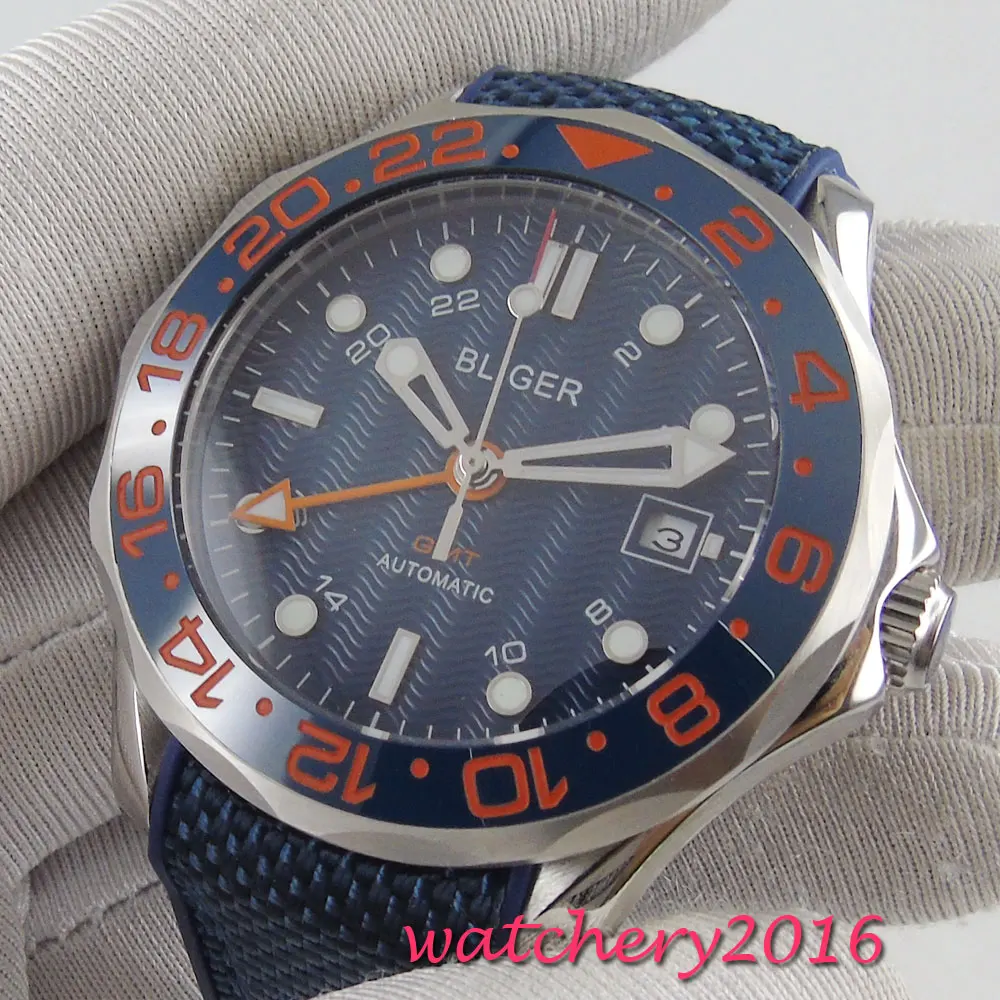 41mm bliger Blue dial shallow waves sapphire glass GMT date automatic mens watch