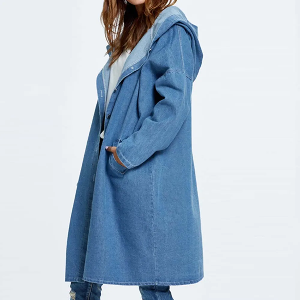 Тренчкот женский джинсовый с капюшоном Длинная ветровка в стиле оверсайз