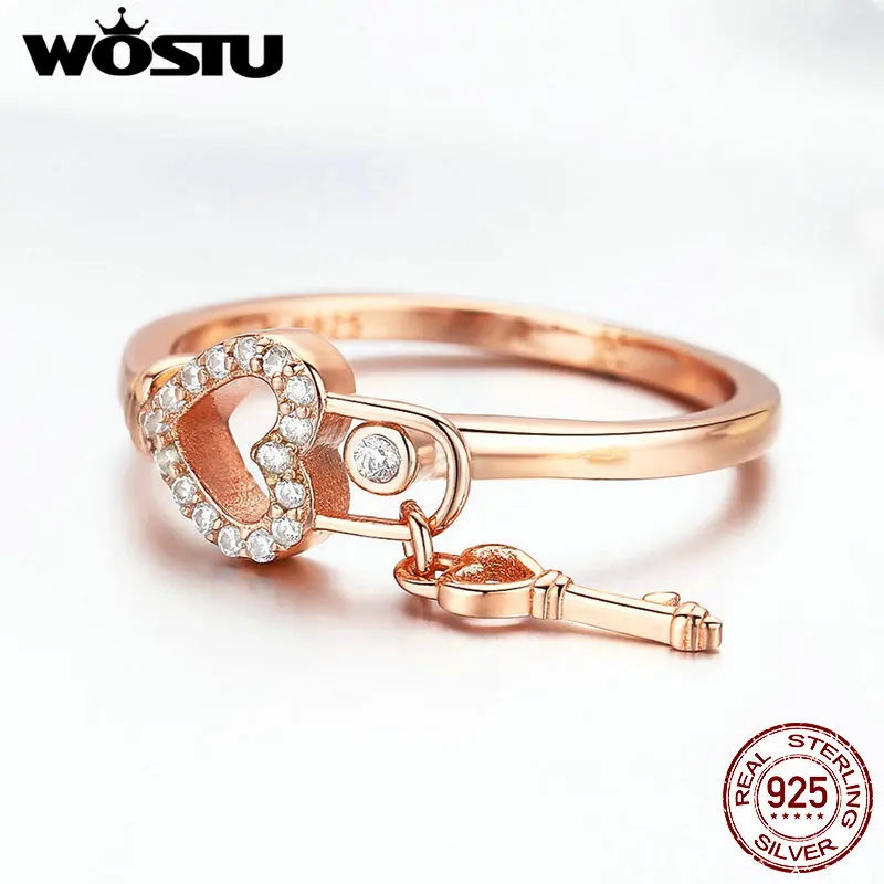WOSTU, классическое кольцо с замком любви, 925 пробы Серебряное кольцо с замком Love You, кольцо из розового золота с прозрачным фианитом для женщин, ювелирное изделие FIR501