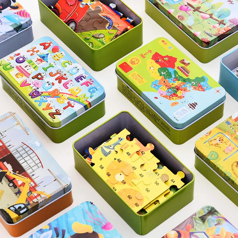 

Children's Cartoon 60 Pieces of Jigsaw Puzzle Can Be Assembled with Toys Iron Boxes Wooden Babies Kindergarten Puzzle Sets