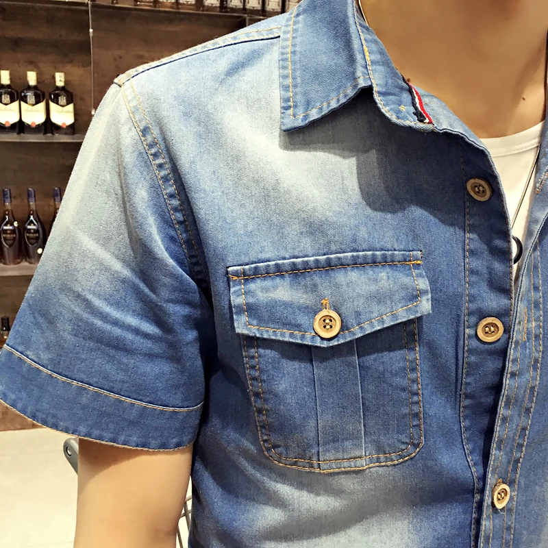 Новинка 2018 летние ковбойские джинсовые рубашки мужская рубашка с короткими