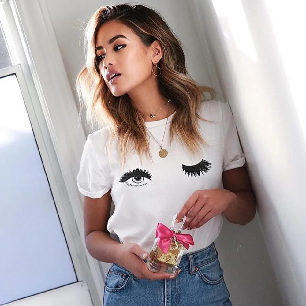 2019 Лето с коротким рукавом ресницы футболка глаза футболки Женская хлопковая