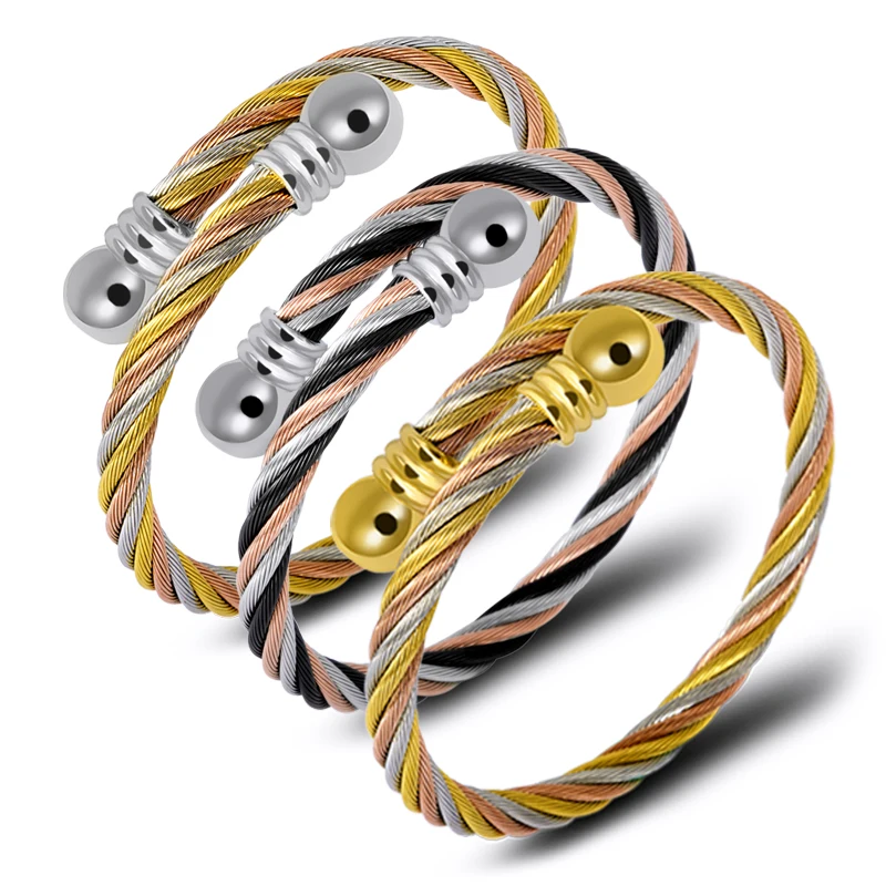 

Simple Twist Wire Cable Jewelry Set Couple Bracelets Ring Multi Color Ttitanium Steel Ring Bangle Vintage Jewelry Set Custom
