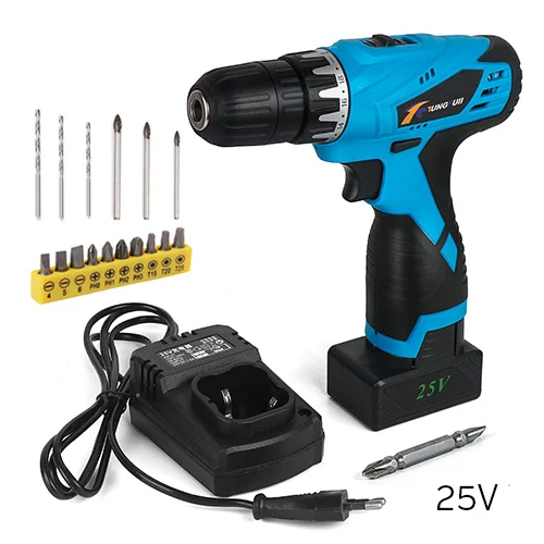 New Style 25V Отвертка литиевая отвертка дрель перезаряжаемая беспроводная дрель литий Батарея набор электроинструментов Diy алмазного бурения 12 V-алюминиевая крышка, 25В - Цвет: New Style 25V