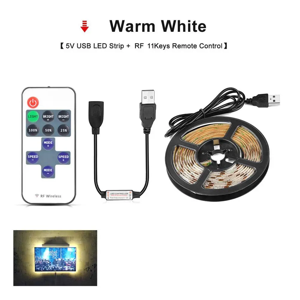 Warm white and 11key Затемняемый DC 5 в теплый белый USB светодиодный светильник 2835 SMD USB зарядное устройство Порт лента+ RF IR RGB пульт дистанционного управления 1 м 2 м 5 м - Испускаемый цвет: Warm white and 11key