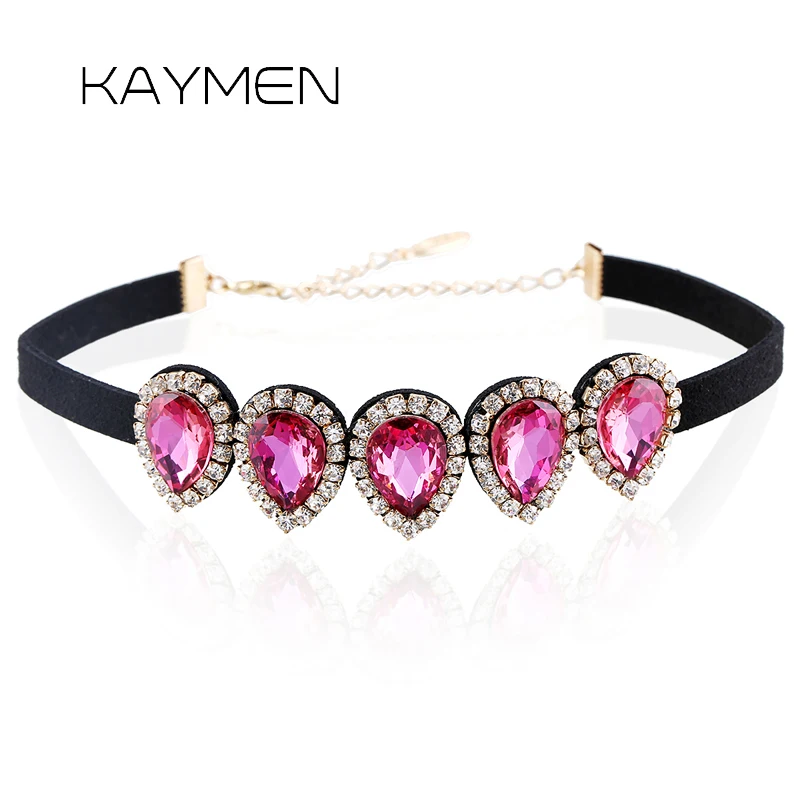 

KAYMEN New Korean Velvet Inlaid Rhinestones and 5 Water-dorp Shape Crystal Chokers Necklace for Girls Fashion Torques NK-01573