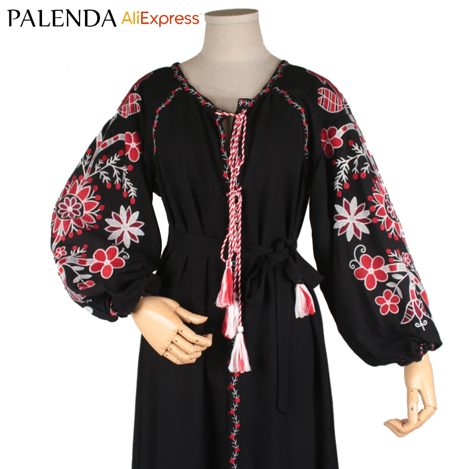 Женщины Boho платье в богемном стиле вышивка геометрический узор с цветами и