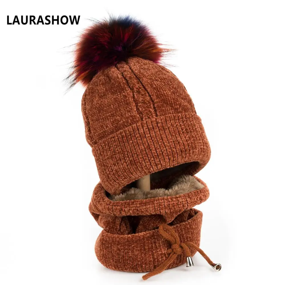 as picture Lavashow 1 комплект для взрослых зимняя шапка с шарфом 15-16 см мяч из натурального меха енота помпоны шапка вязаная шапка Skullies женские шапочки - Цвет: as picture