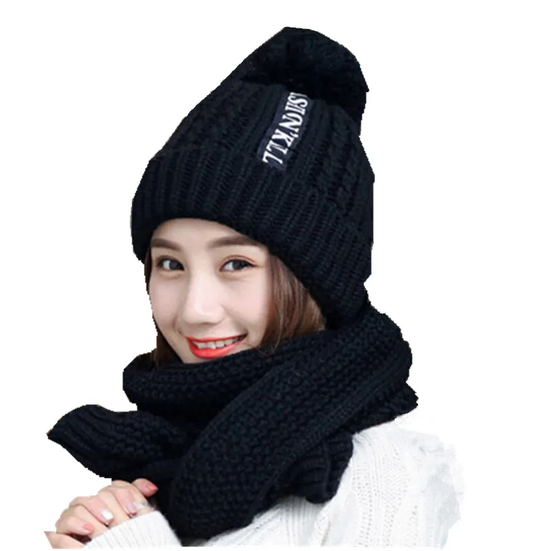 Зимний женский шарф шапка костюм теплый однотонный вязаный плюс бархат толстая