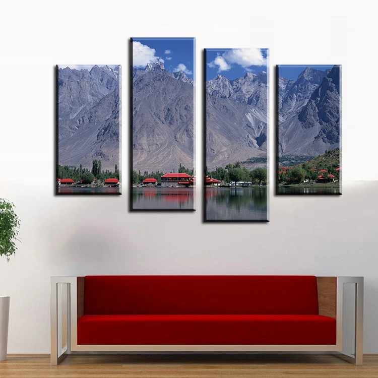 

4pcs The lake Mountain House Wall Painting Print On Canvas For Home Decor Paints On Wall Pictures Art No Framed