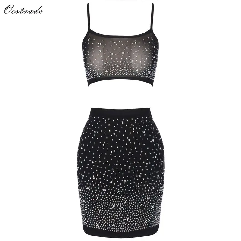 Ocstrade 2019 новая мода черный сетки и бисером Bodycon Женский костюм из двух предметов