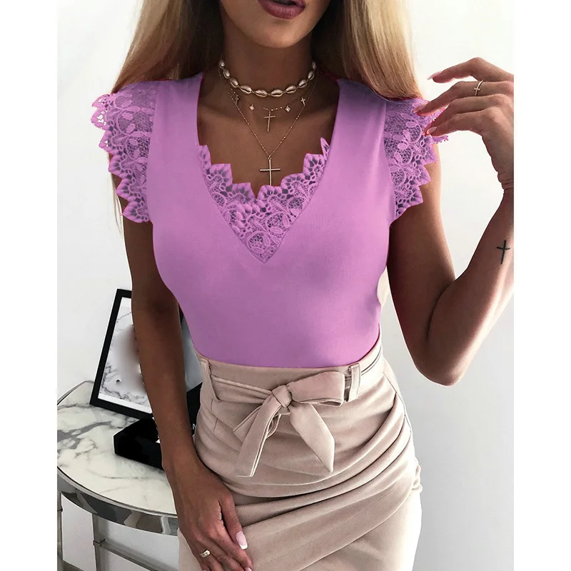 Летняя футболка, женская футболка с v-образным вырезом, одноцветная, без рукавов, элегантная, кружевная, Лоскутная, женская одежда SJ2257R