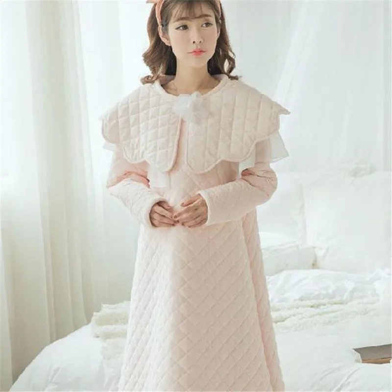 

Thicken Three Layer Cotton Nightdress Female Winter Warm Vintage Royal Palace Pyjama With Cotton Sleepwear Woman SA16058