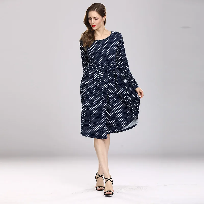 Uvkkc Women Dress Autumn Boho Fashion Femme O-Neck Dot Ruffles Pocket Long Sleeve Vintage Cotton Casual Midi Dresses For | Женская