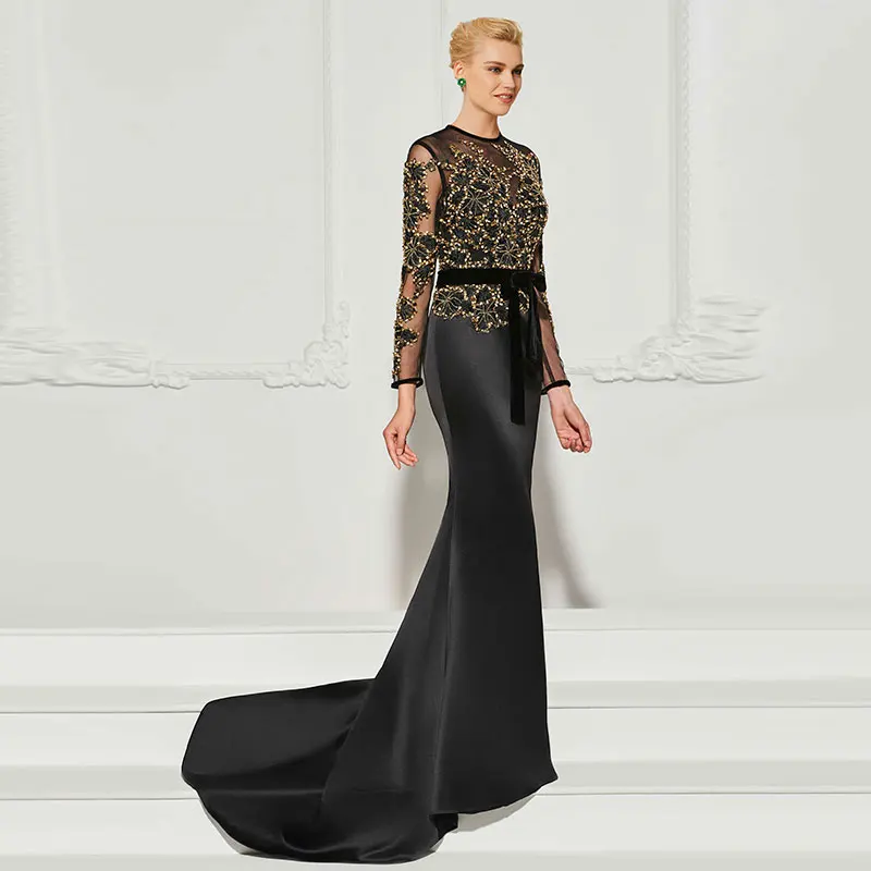 Женское вечернее платье Русалка Tanpell Черное длиной до пола с аппликацией из