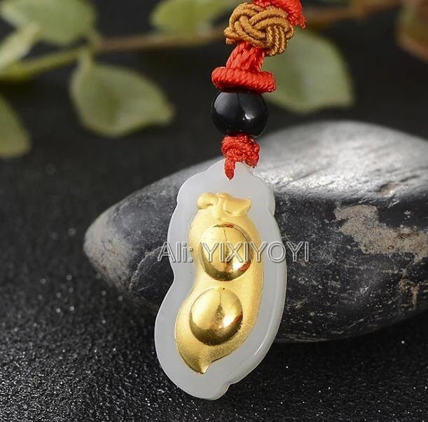 

Natural White Hetian Jade + 18K Solid Gold Carved Chinese Bean Beads Lucky Pendant + free Necklace Fine Jewelry + Certificate