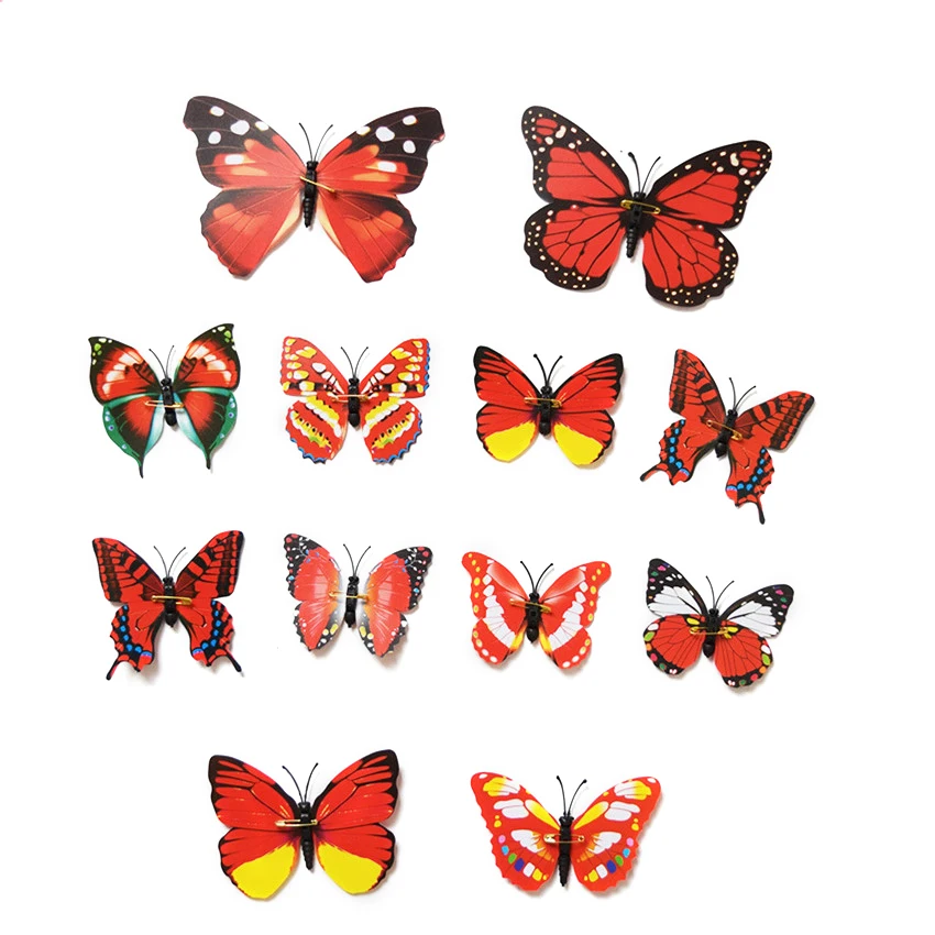Красный 12PCS Wall Stickers Butterfly 3D Wallpaper PVC 3D House Decoration High Quality Wall Stickers 3D Wallpapers For Living Room - Цвет: Красный
