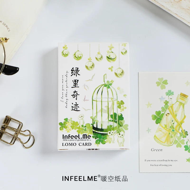 Green 28Pcs  LOMO card DIY cute creative fun greeting blank message mini postcard student stationery office supplies | Канцтовары для